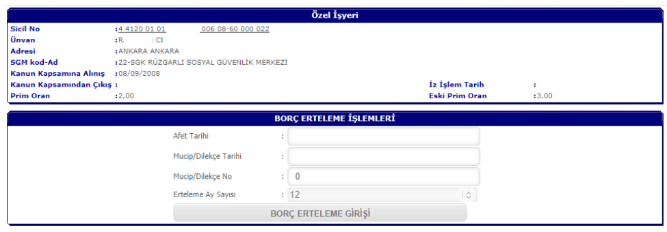 Borç erteleme işlemleri ekranı örneği