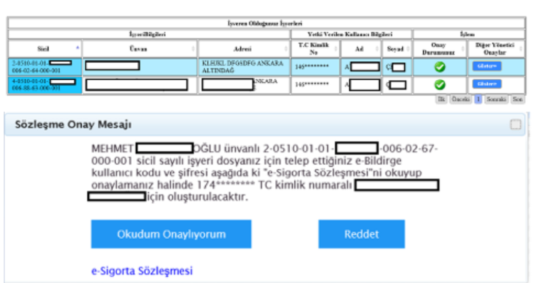 e-Devlet e-Sigorta sözleşmesi onay ekranı örneği