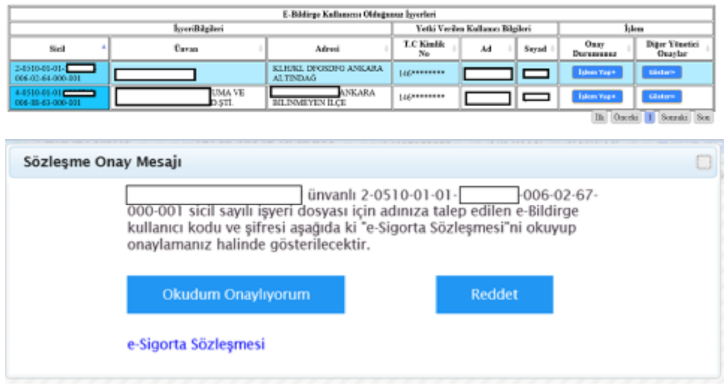 İşyeri ve e-Bildirge kullanıcısı için onay ekranı örneği