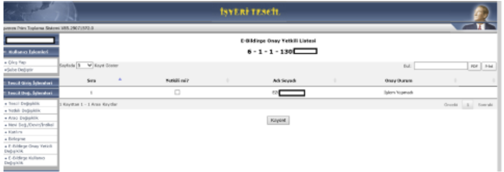 İşyeri tescil programında e-Bildirge onay yetkisi ekranı örneği